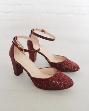 Burgundy Rock Glitter Block Heel with Ankle Strap