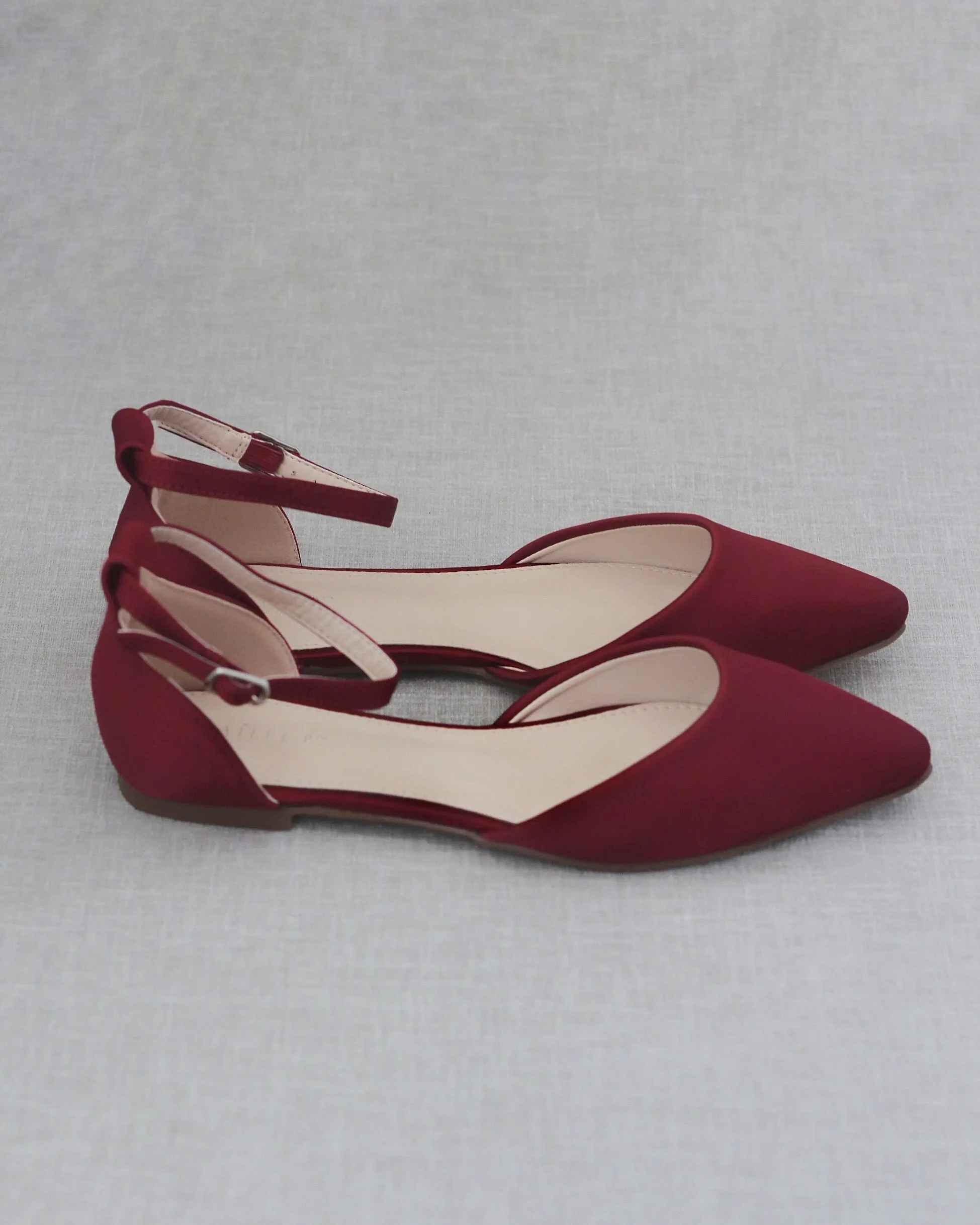 Burgundy Satin Pointy Toe Flats with Ankle Strap