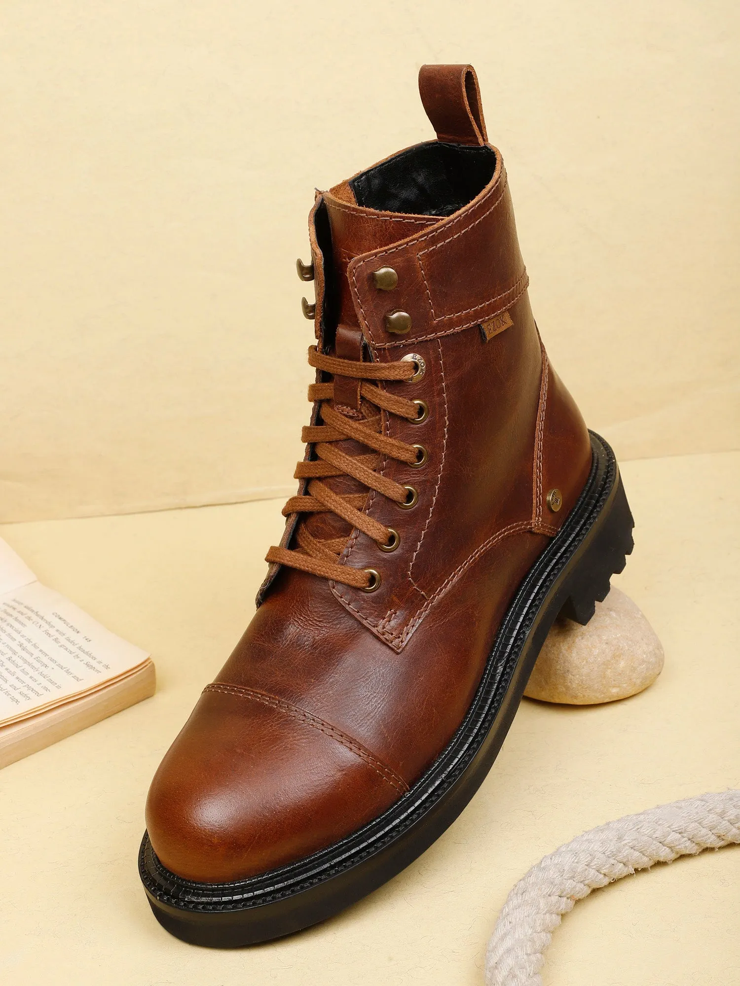 Ezok Dark Tan Lace-ups Leather Boot For Men