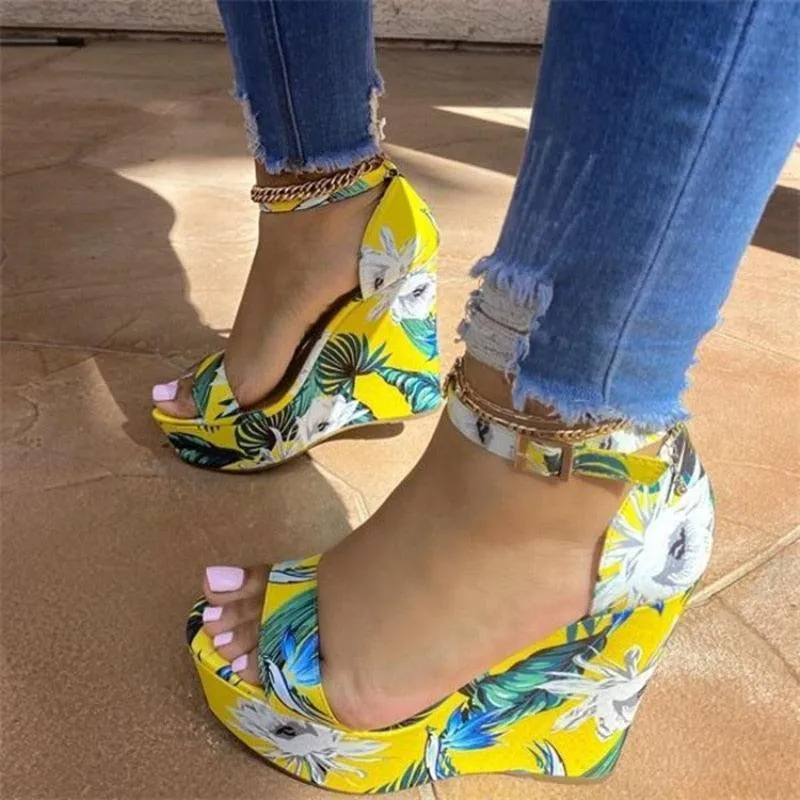 Floral Peep Toe Wedge Shoes