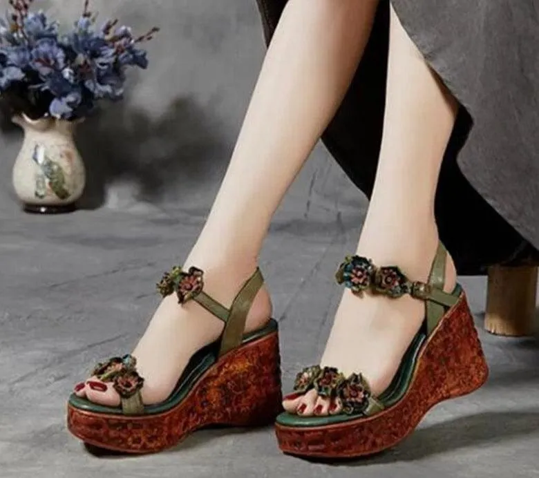 Floral PU Leather Wedge Sandals