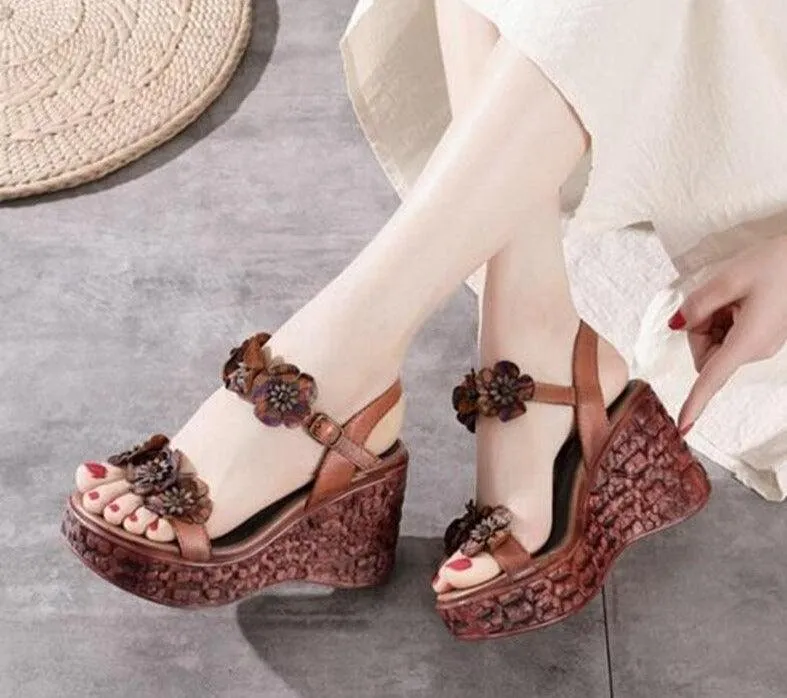 Floral PU Leather Wedge Sandals