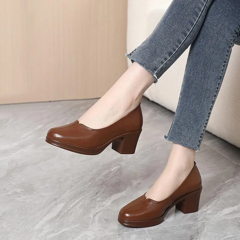 GR323 Fashion Pumps: Leather Women's Casual Shoes With Thick Heels