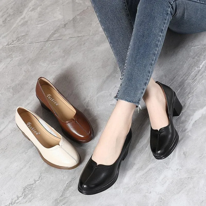 GR323 Fashion Pumps: Leather Women's Casual Shoes With Thick Heels