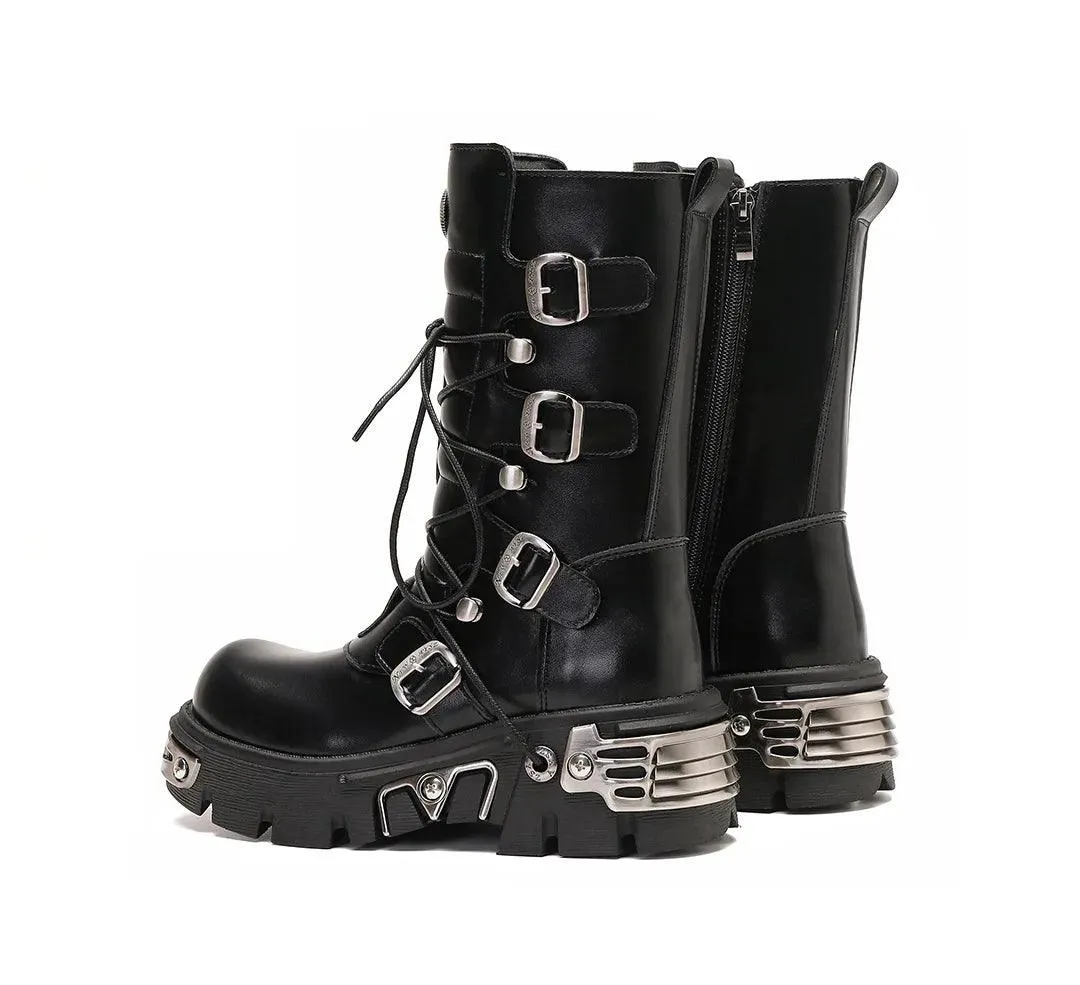 J122 Women's Black Motorcycle Boots: British Street Style Casual Shoes