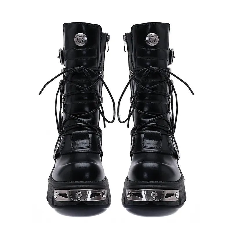 J122 Women's Black Motorcycle Boots: British Street Style Casual Shoes