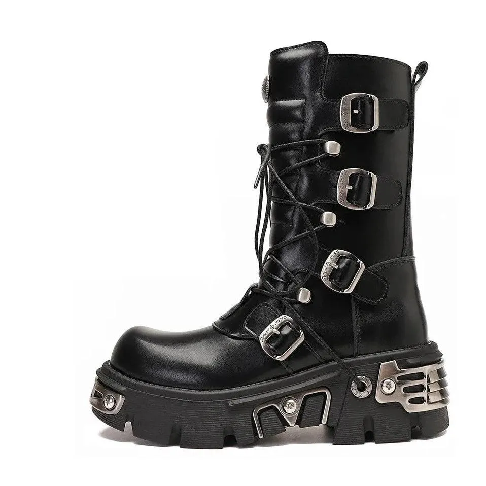 J122 Women's Black Motorcycle Boots: British Street Style Casual Shoes