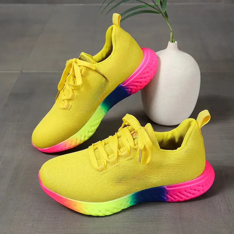 Lace-up Mesh Shoes With Rainbow Sole Design Fashion Walking Running Sports Sneakers For Women