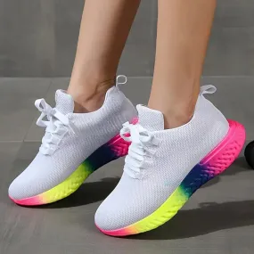 Lace-up Mesh Shoes With Rainbow Sole Design Fashion Walking Running Sports Sneakers For Women