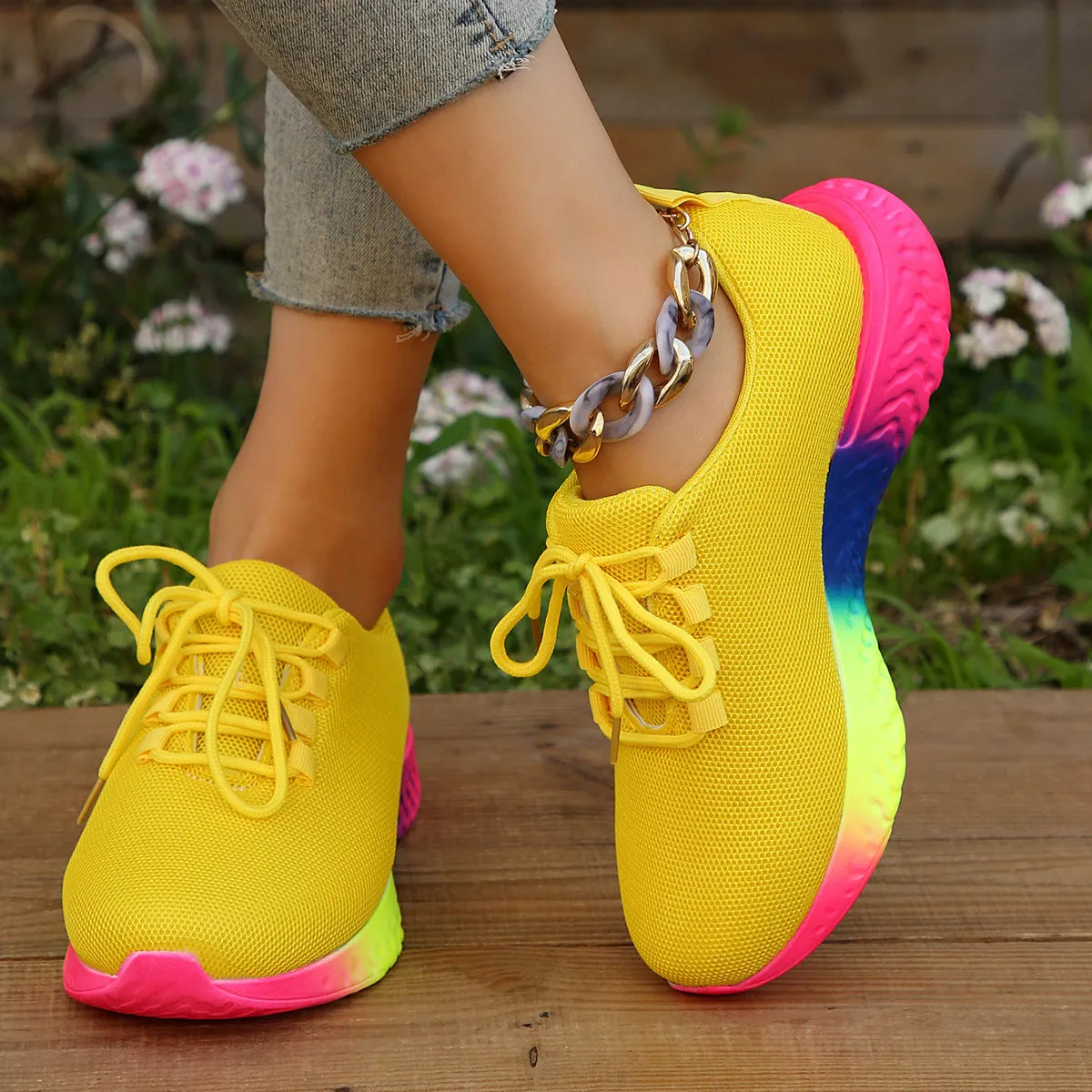 Lace-up Mesh Shoes With Rainbow Sole Design Fashion Walking Running Sports Sneakers For Women