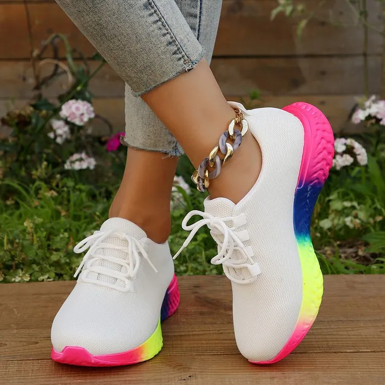 Lace-up Mesh Shoes With Rainbow Sole Design Fashion Walking Running Sports Sneakers For Women