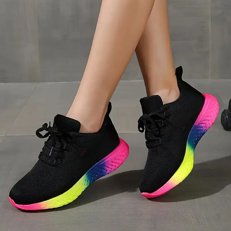 Lace-up Mesh Shoes With Rainbow Sole Design Fashion Walking Running Sports Sneakers For Women