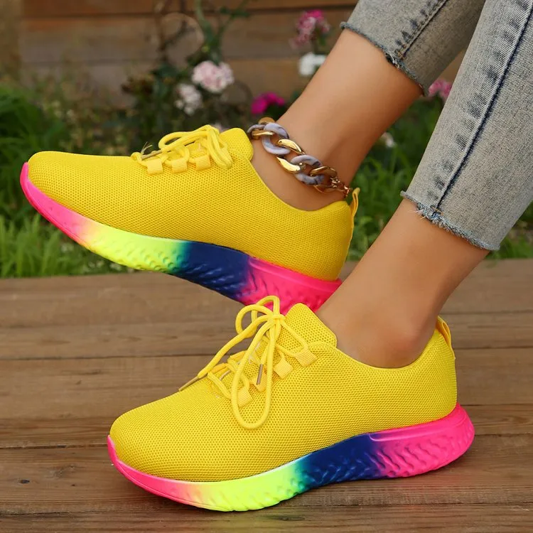 Lace-up Mesh Shoes With Rainbow Sole Design Fashion Walking Running Sports Sneakers For Women