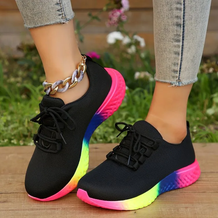 Lace-up Mesh Shoes With Rainbow Sole Design Fashion Walking Running Sports Sneakers For Women