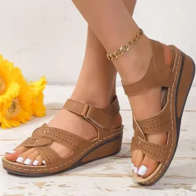 Low Heel Leather Wedge Sandals