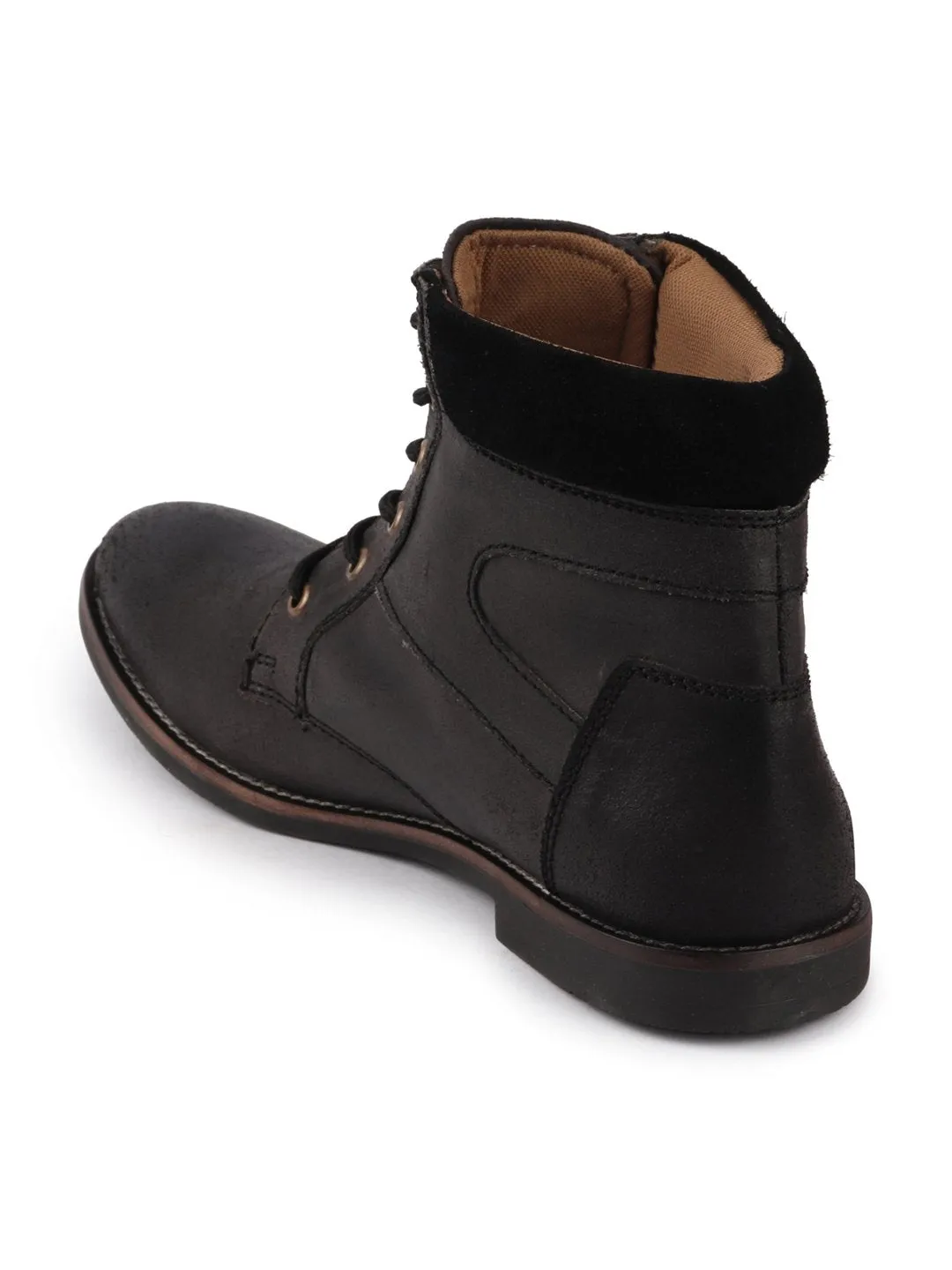 Men Black Mid Top Lace Up Leather Boots