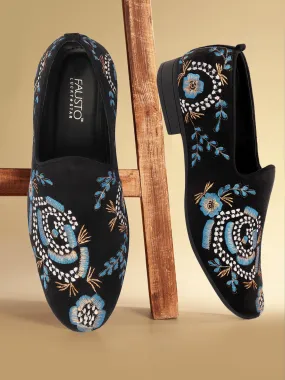 Men Blue Embroidery Floral Print Velvet Party Slip On Loafers Shoes