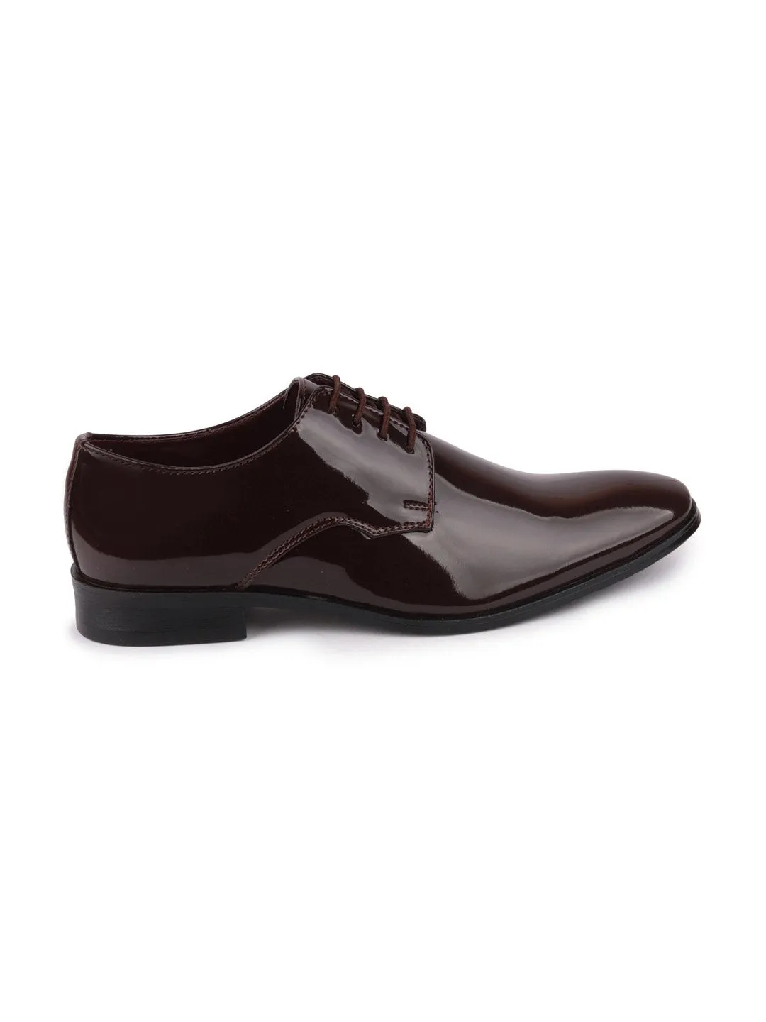 Men Brown Formal Patent Leather Lace-Up Derby Shoes