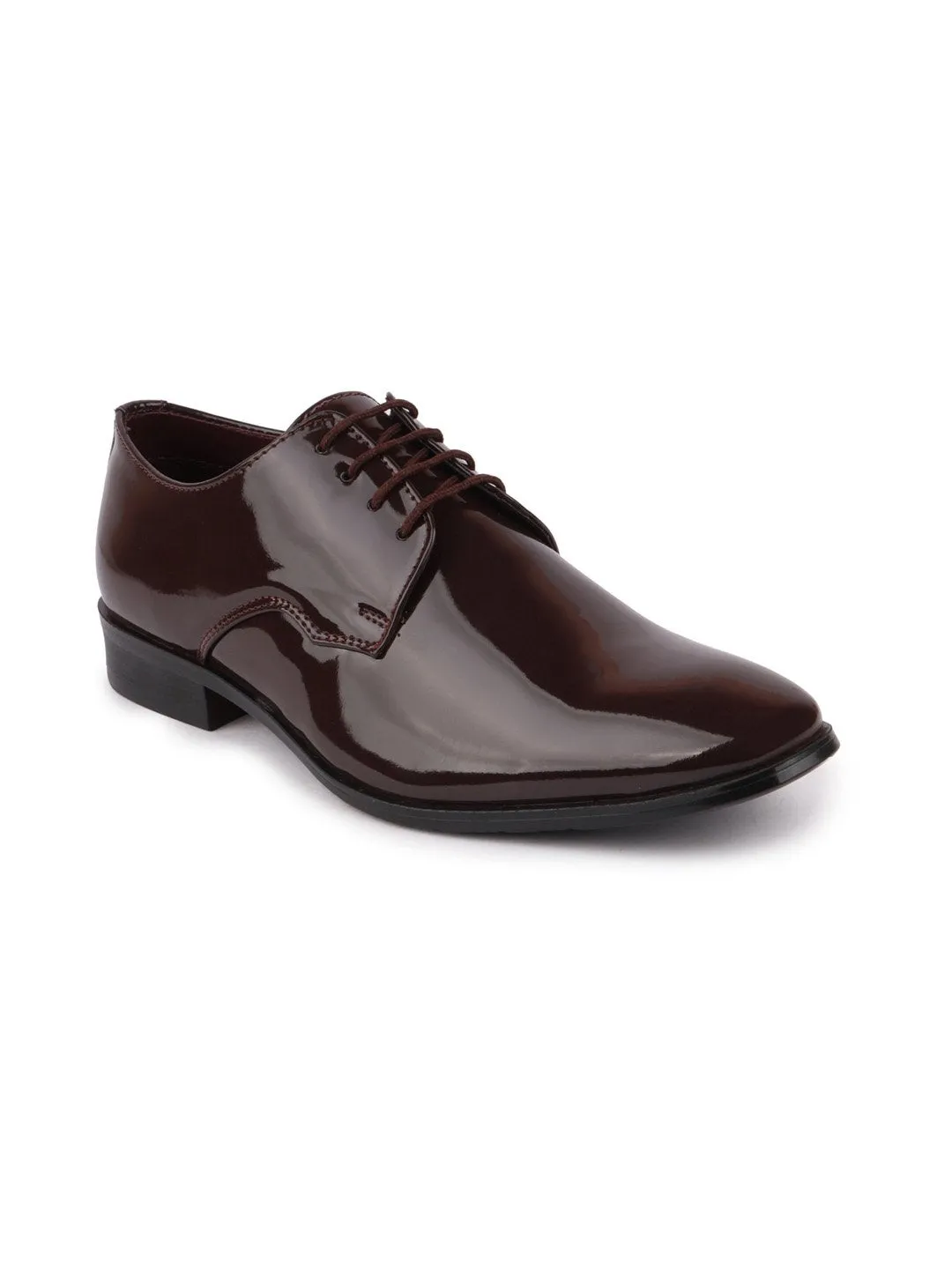 Men Brown Formal Patent Leather Lace-Up Derby Shoes