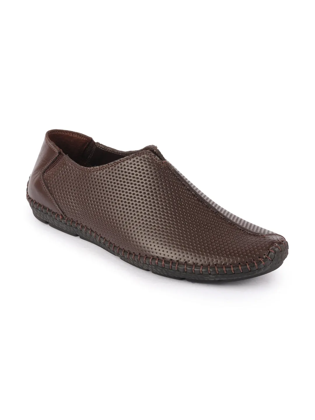 Men Brown Side Stitched Full Sock Absorber Flexible Leather Slip On Shoes