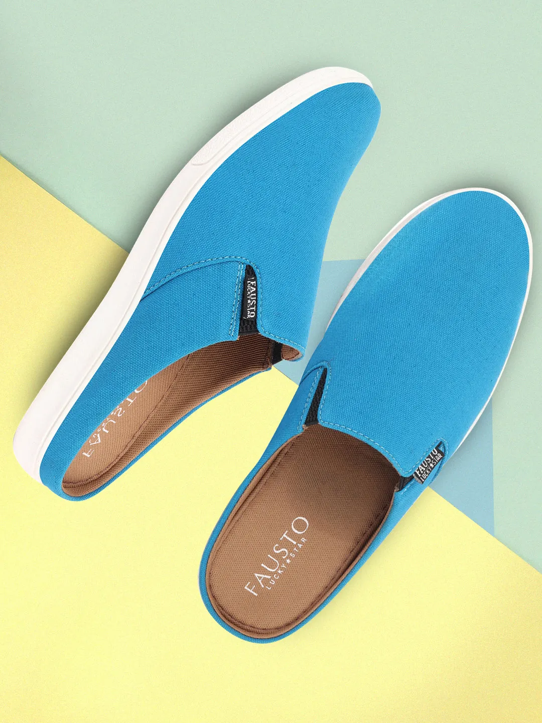 Men Light Blue Casual Back Open Canvas Stylish Slip On Shoes