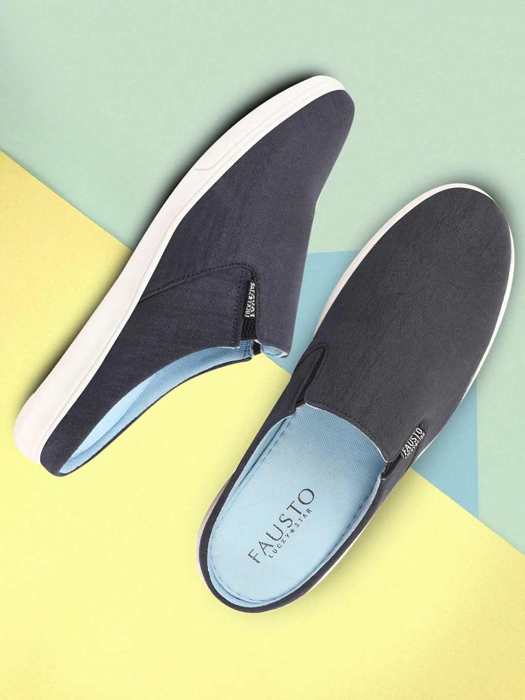 Men Navy Blue Casual Back Open Canvas Stylish Slip On Shoes