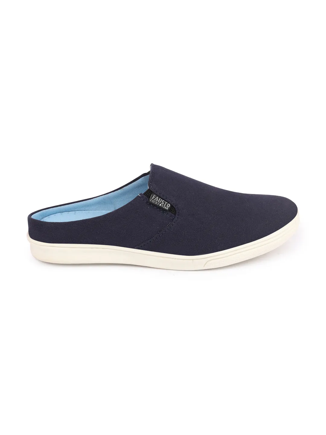 Men Navy Blue Casual Back Open Canvas Stylish Slip On Shoes