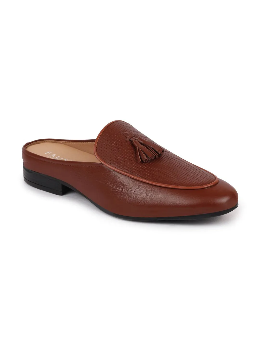 Men Tan Back Open Tassle Leather Slip On Shoes