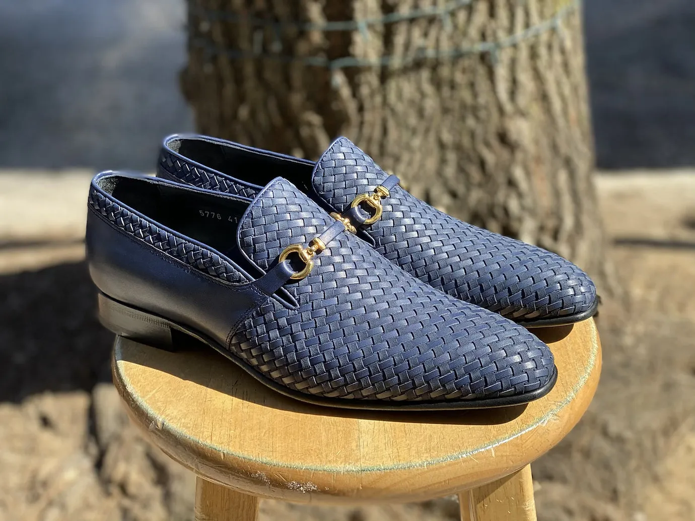 Navy Blue Woven Leather and Suede Bit loafer for men By Corrente