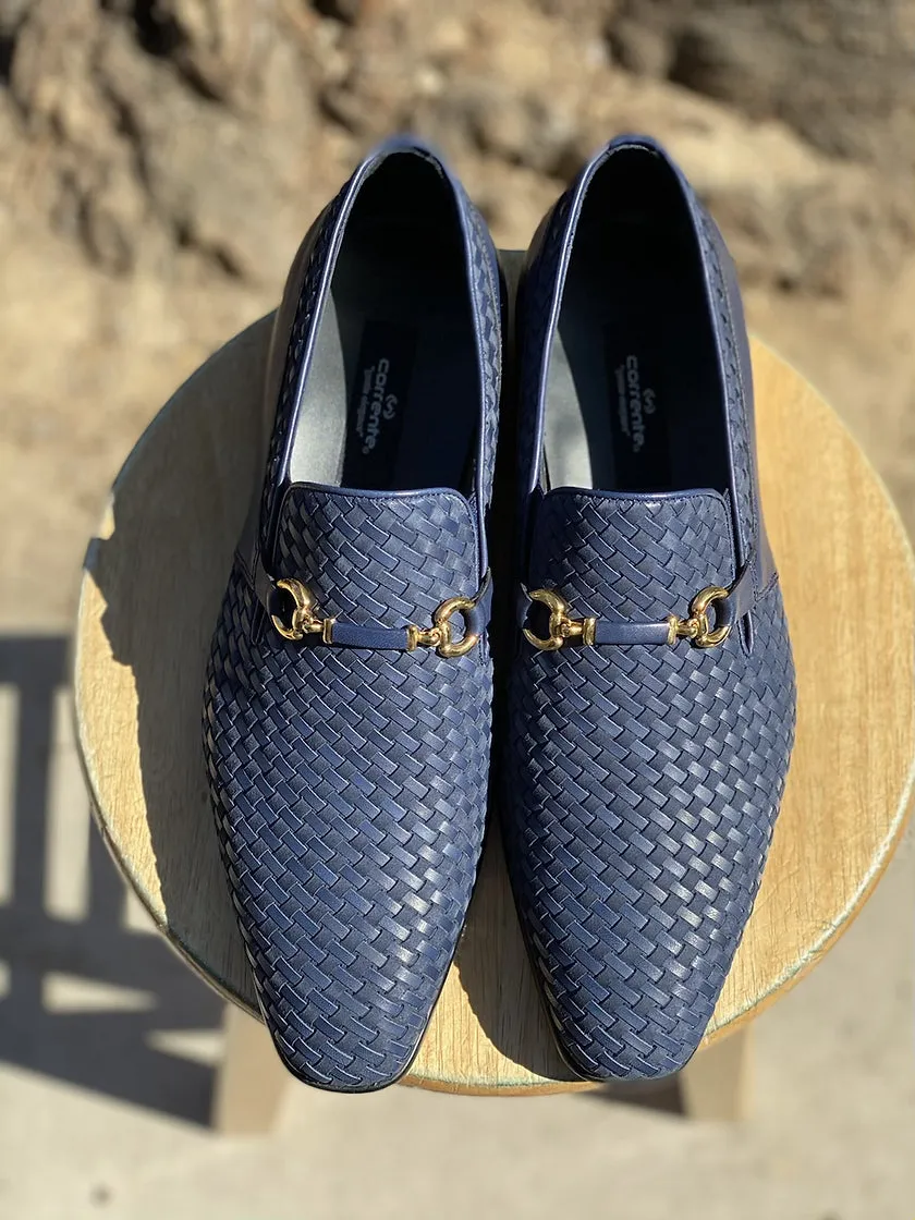 Navy Blue Woven Leather and Suede Bit loafer for men By Corrente