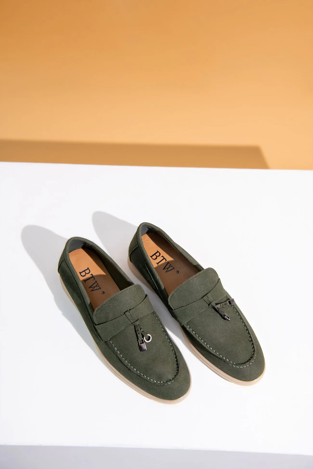 OLIVE GREEN SOFT SLIP SUEDE LOAFERS