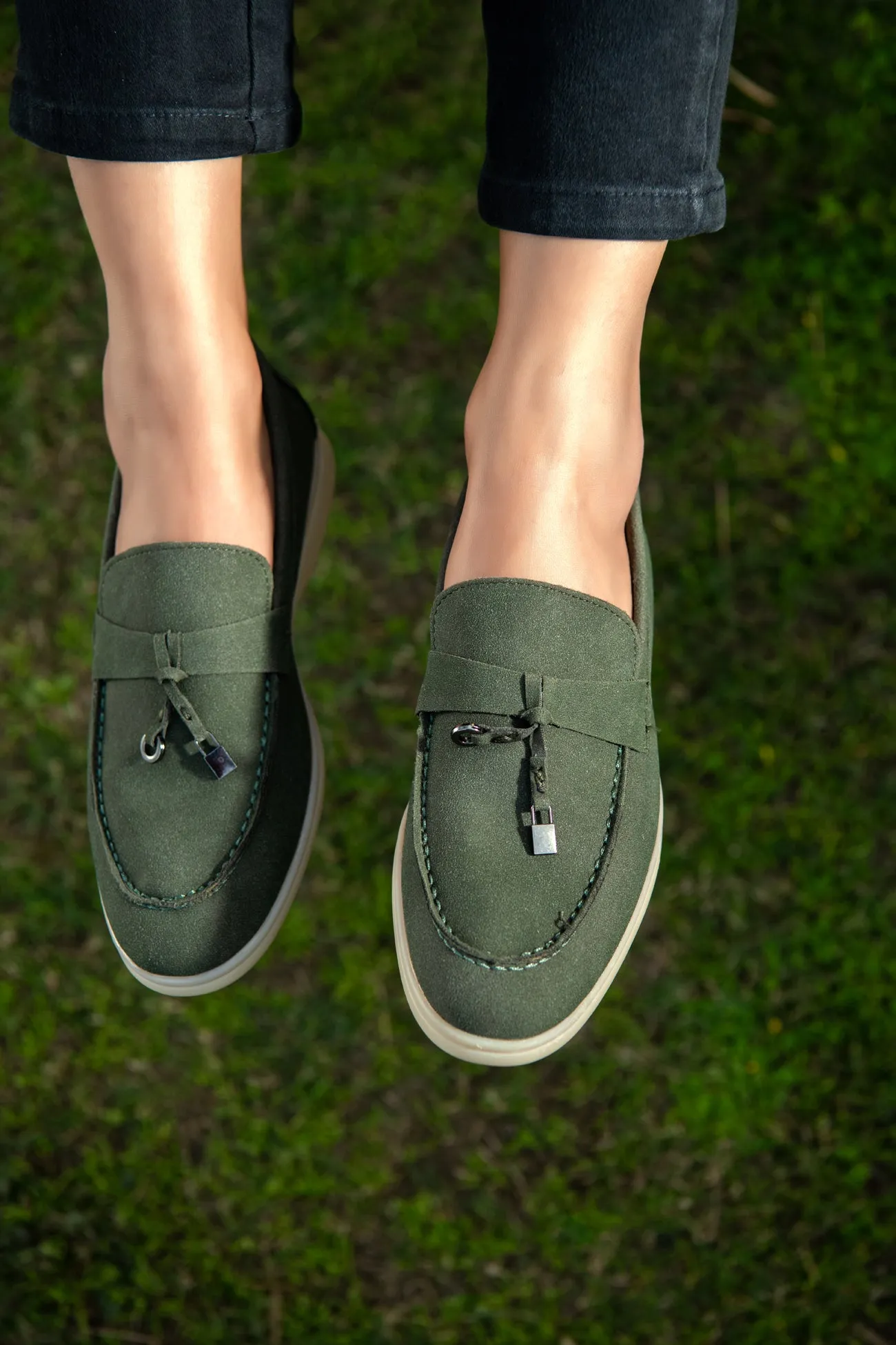 OLIVE GREEN SOFT SLIP SUEDE LOAFERS