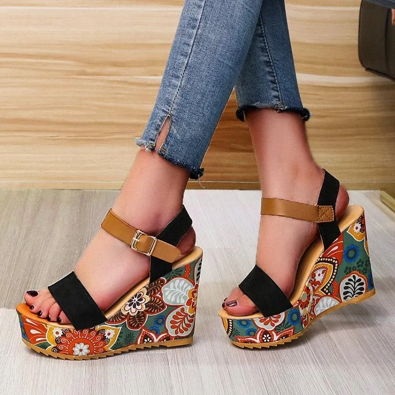 Printed Peep Toe Wedge Shoes