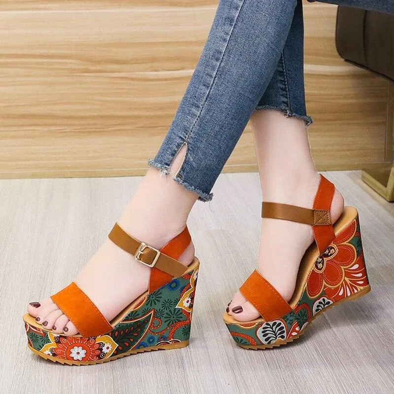 Printed Peep Toe Wedge Shoes