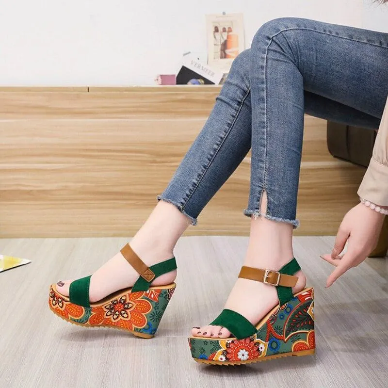 Printed Peep Toe Wedge Shoes