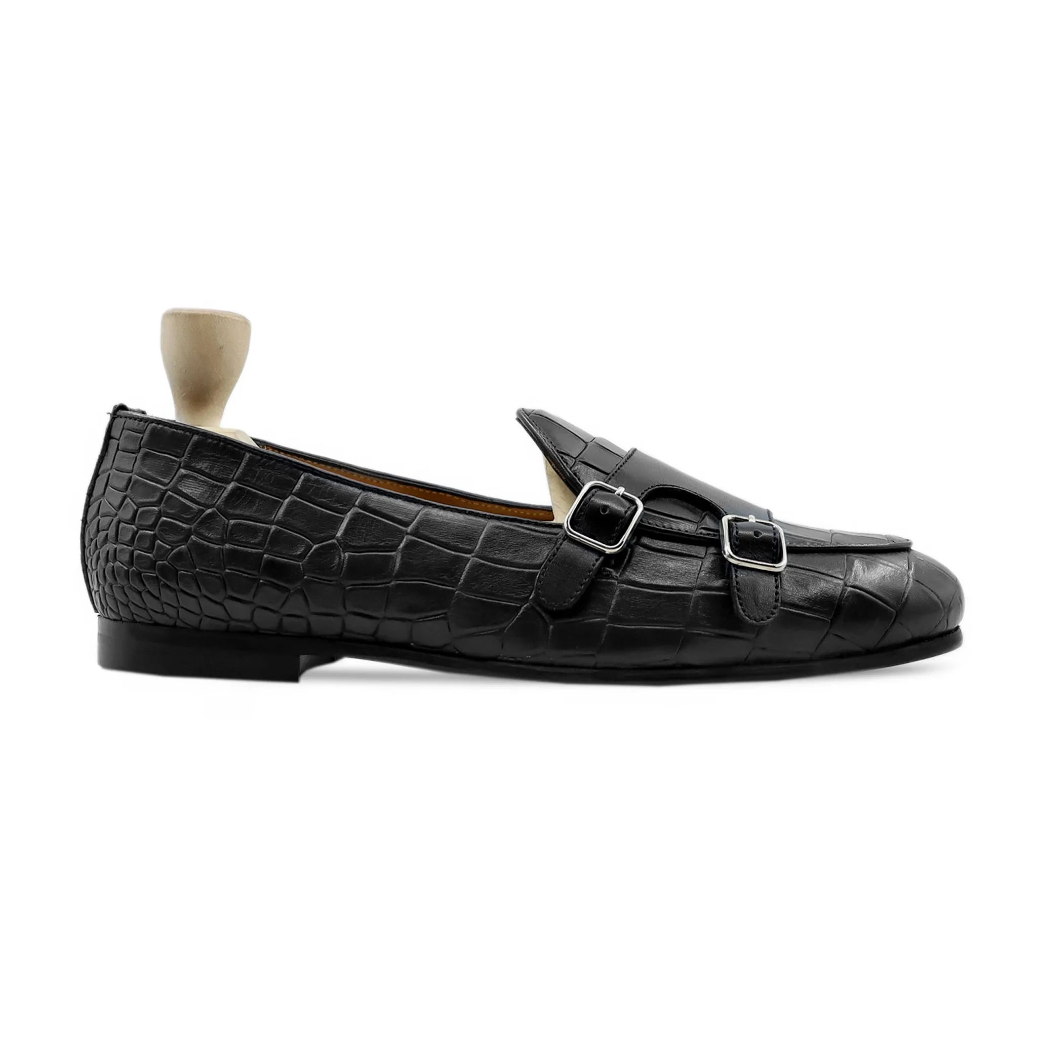 Septarian - Men's Black Calf And Printed Crocodile Leather Double Monkstrap