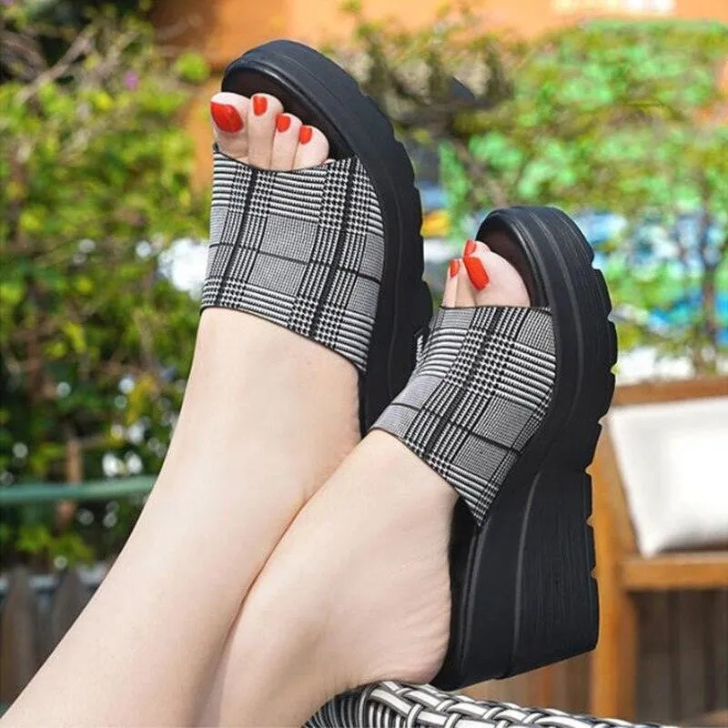 Slip On Plaid Wedge Sandals