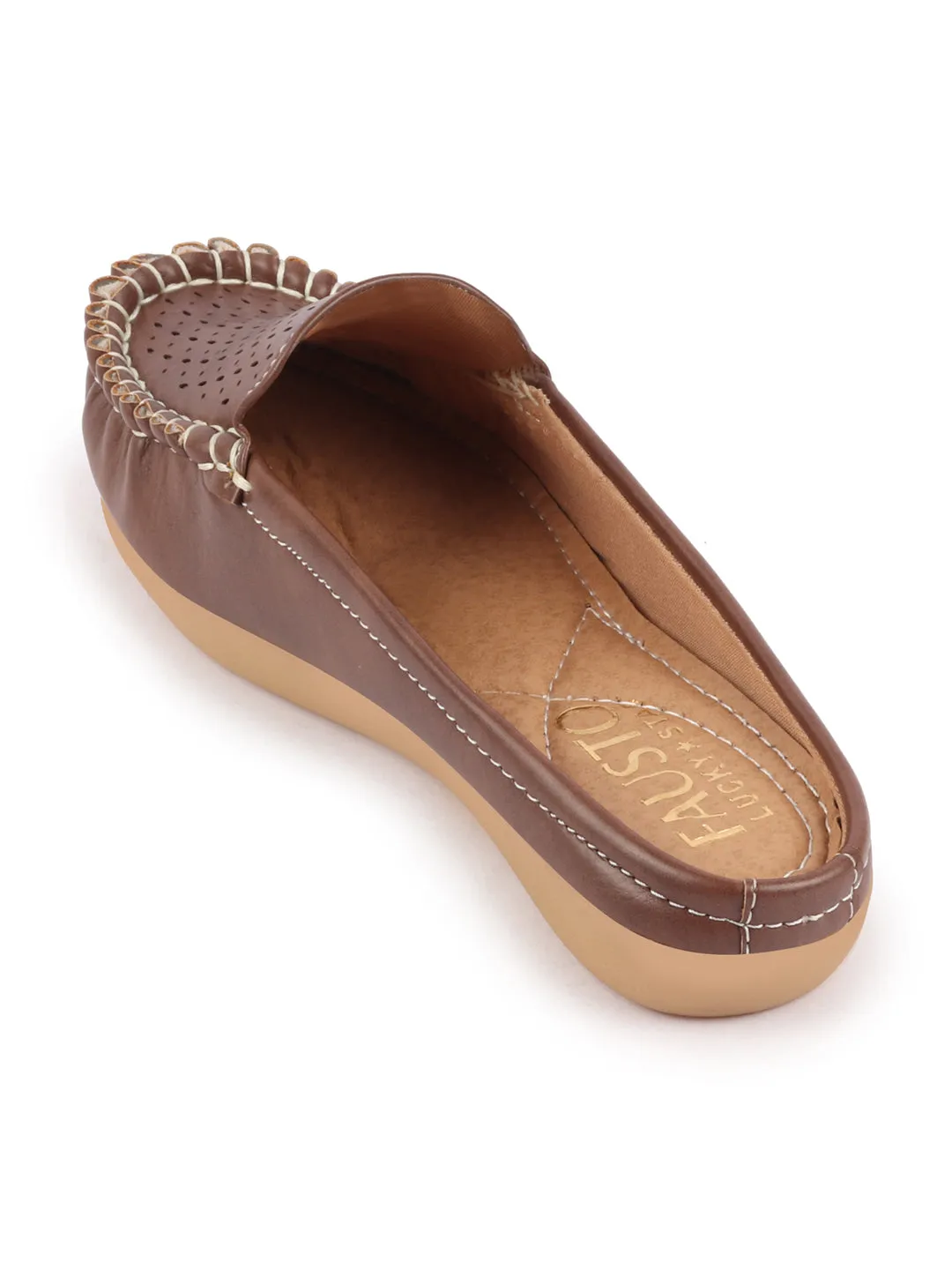 Women Brown Side Stitched Laser Cut Design Back Open Slip On Mules Shoes