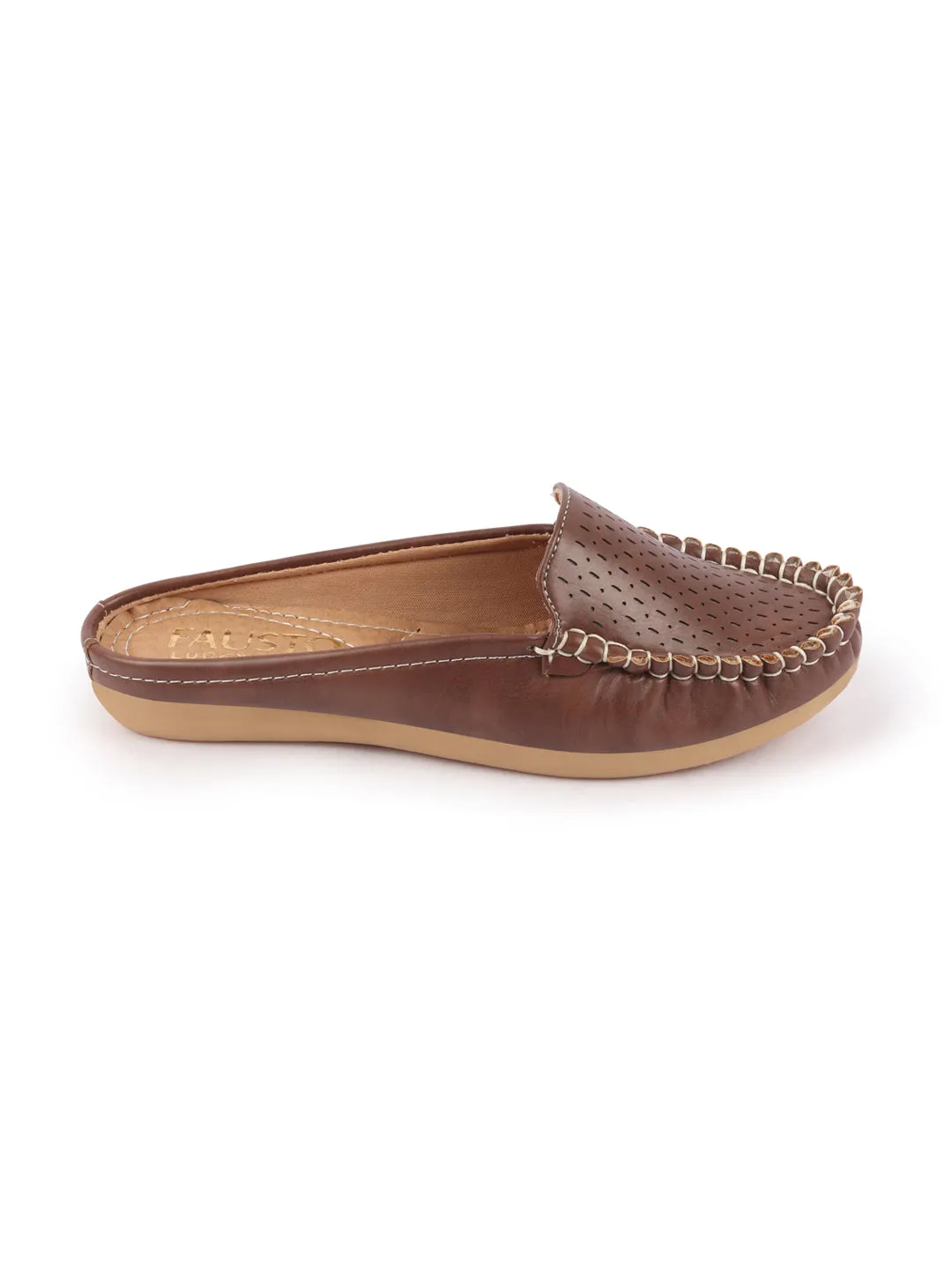 Women Brown Side Stitched Laser Cut Design Back Open Slip On Mules Shoes