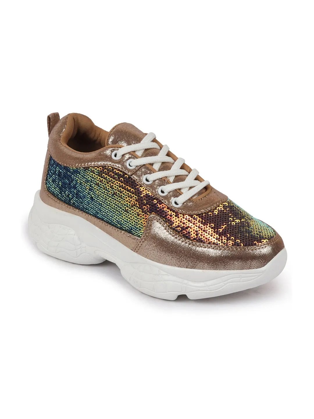 Women Golden Stylish Lace Up Embellished Sneakers