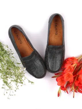 Women Grey Stitched Slip On Loafers