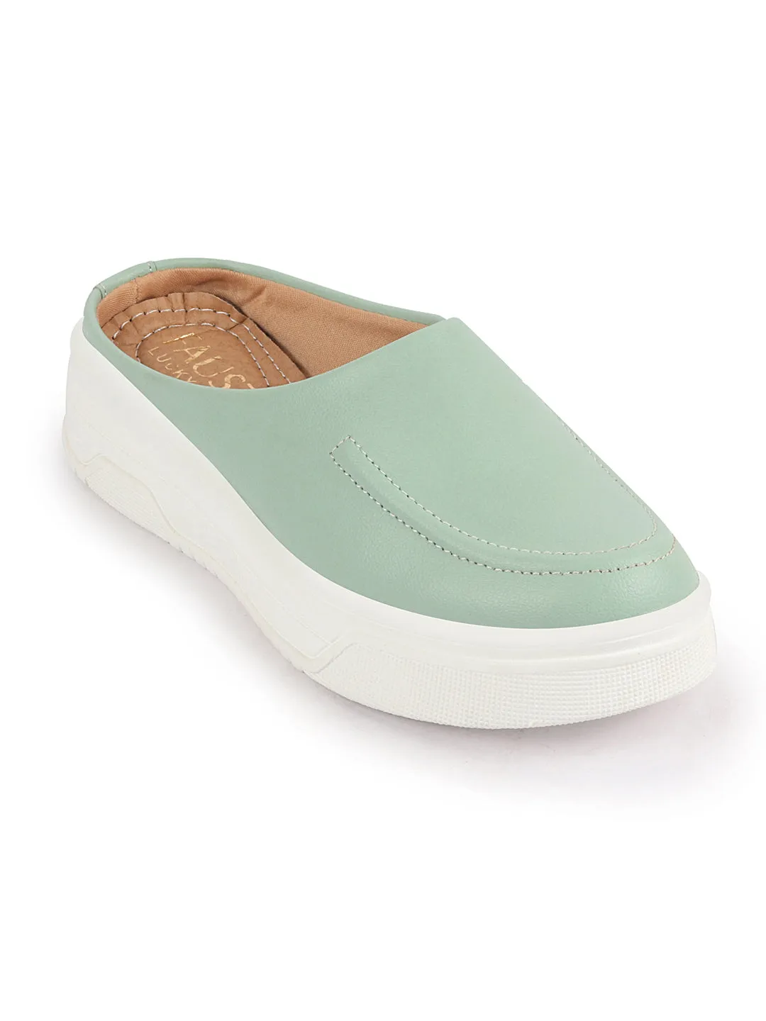 Women Pista Green Outdoor Fashion Stitched Design Open Back Platform Heel Slip On Casual Shoes