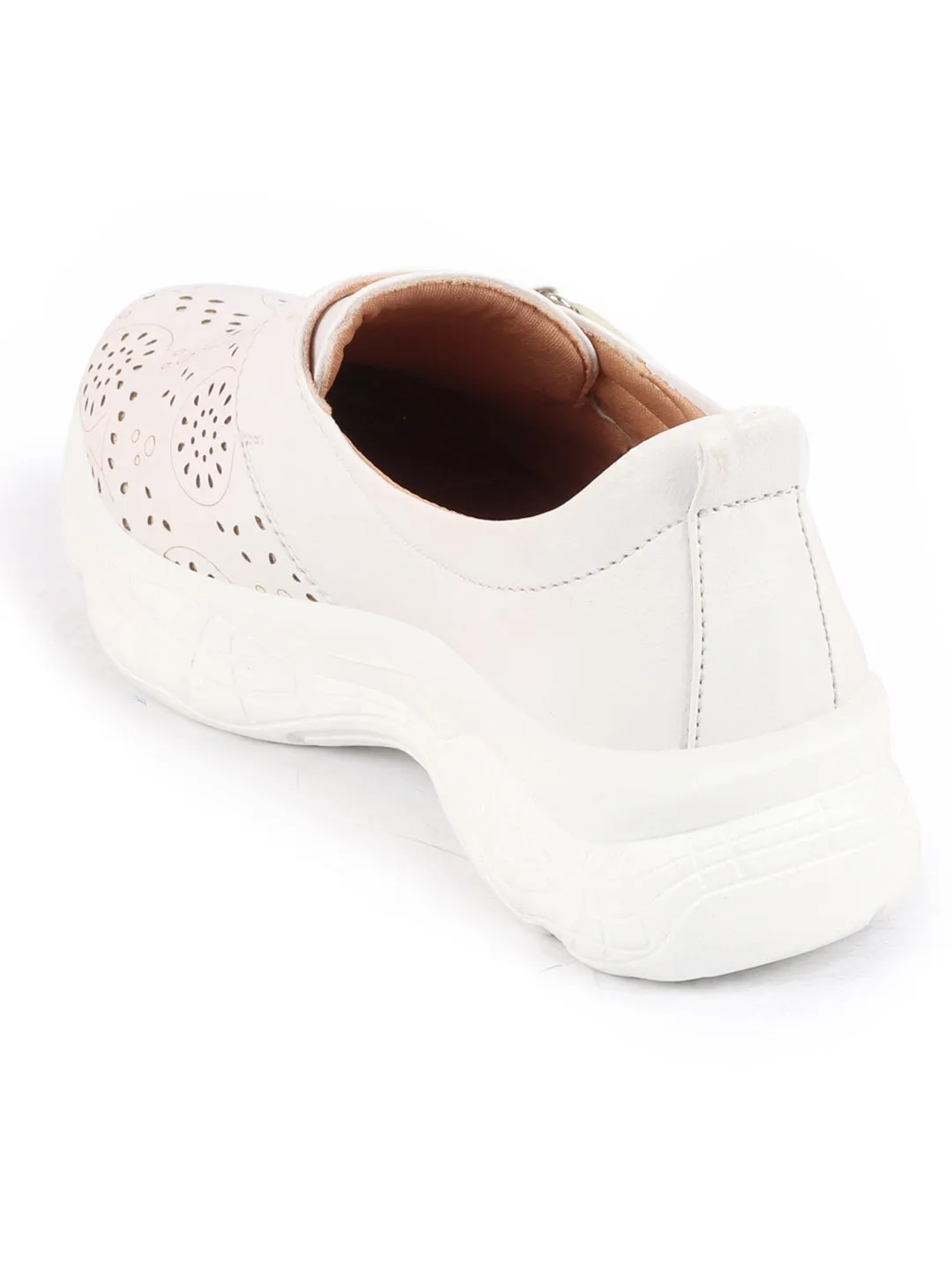 Women White Laser Cut Design Stitched Back Open Hook & Loop Buckle Mules Shoes