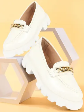 Women White Patent Leather Shiny Chain Buckle Classic Casual Slip On Loafer Shoes