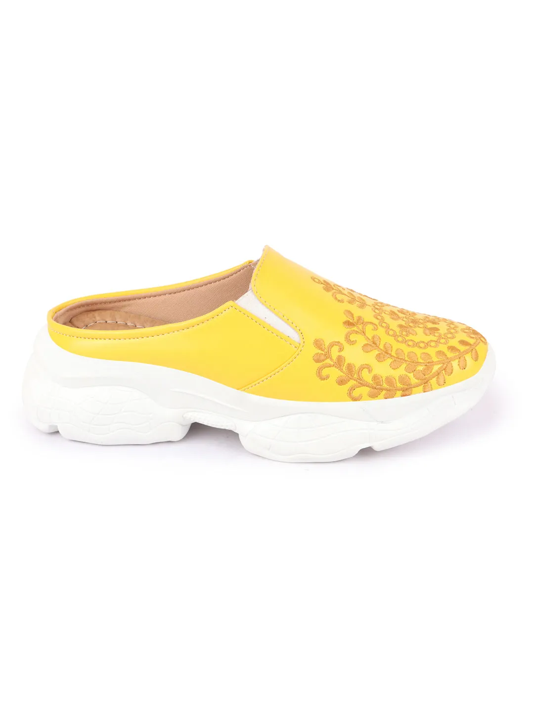 Women Yellow Floral and Leaf Print Embroidery Design Back Open Slip On Mules Shoes