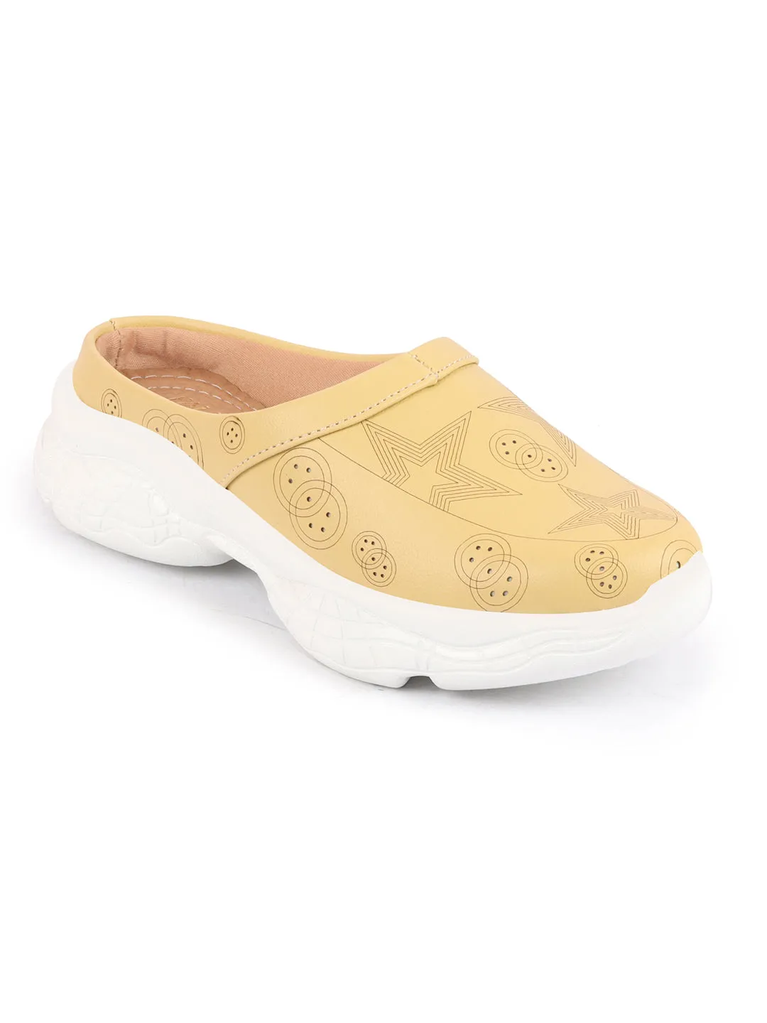 Women Yellow Laser Cut Star Design Back Open Slip-On Mules Shoes