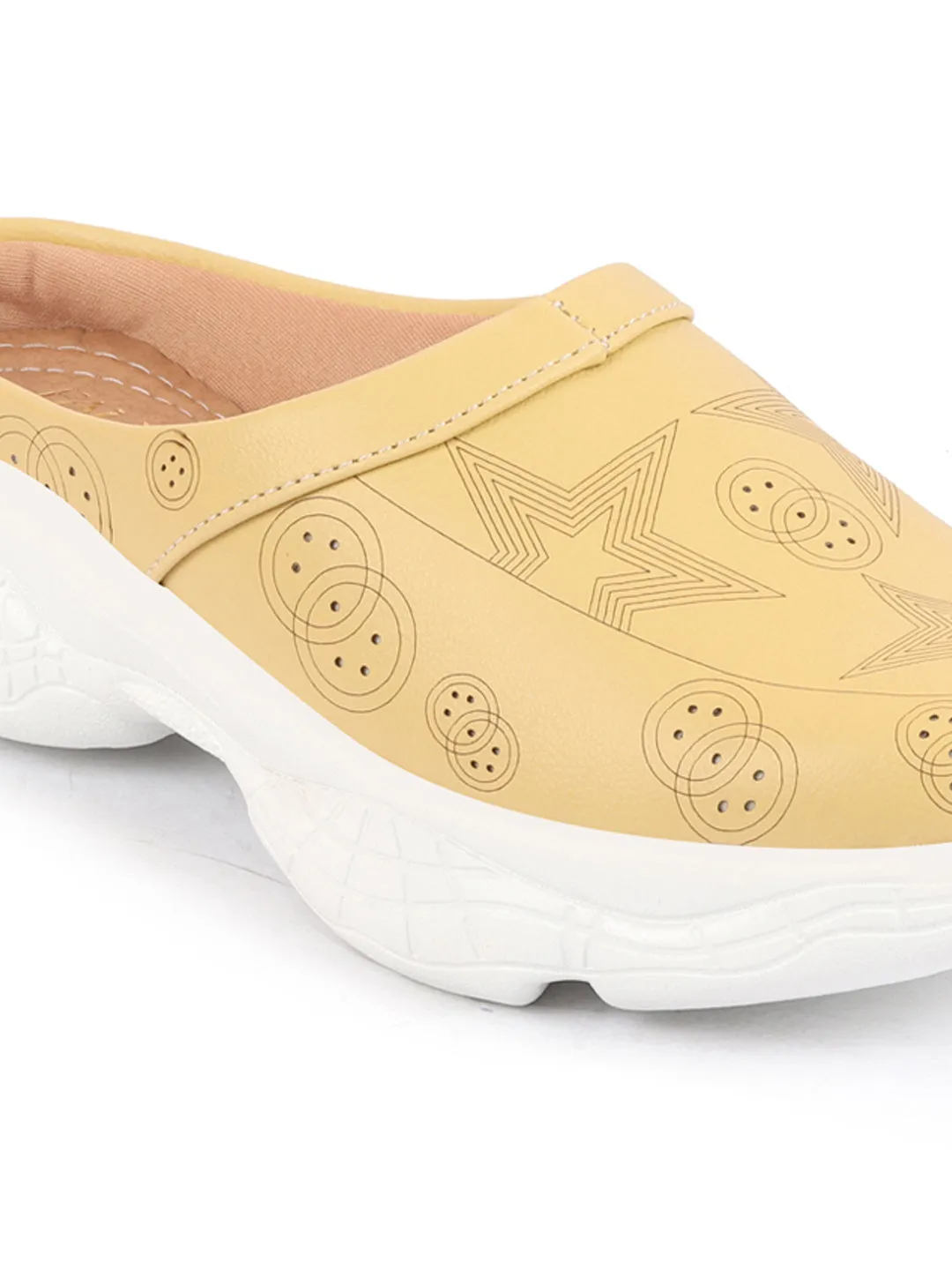 Women Yellow Laser Cut Star Design Back Open Slip-On Mules Shoes