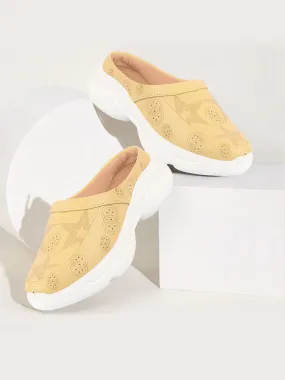 Women Yellow Laser Cut Star Design Back Open Slip-On Mules Shoes