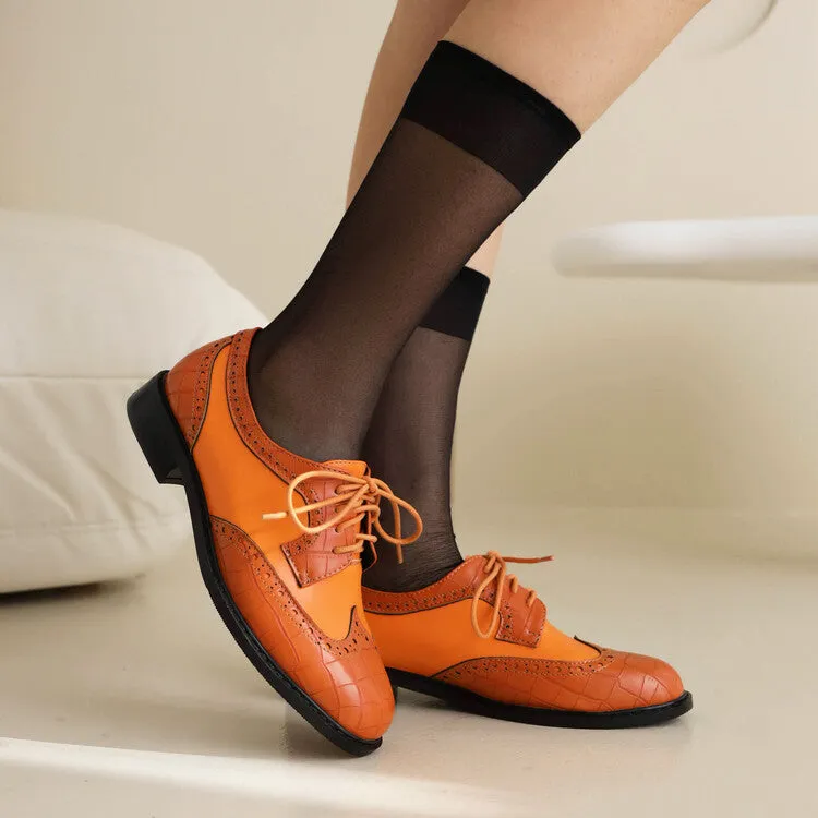 Women's Bicolor Lace-Up Round Toe Flats Oxford Shoes