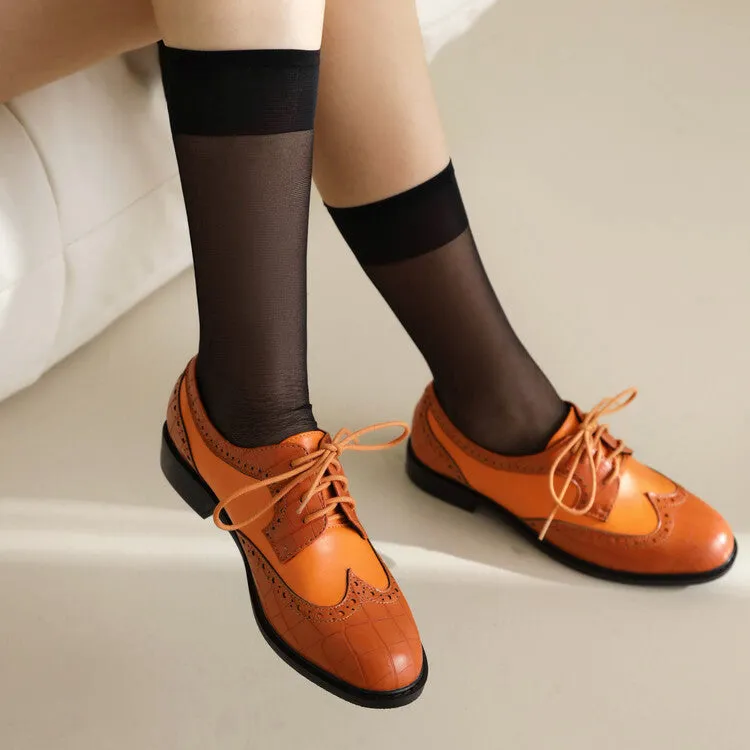 Women's Bicolor Lace-Up Round Toe Flats Oxford Shoes